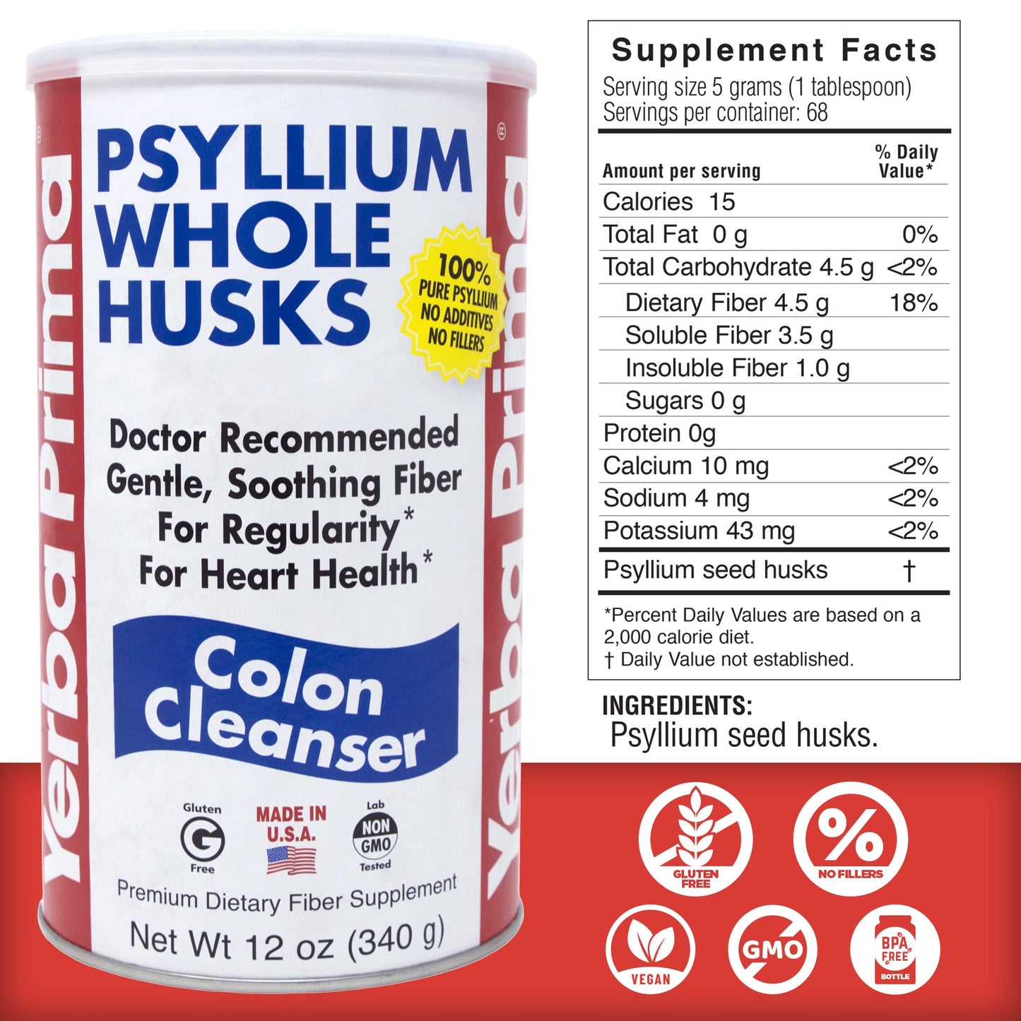Yerba Prima Psyllium Whole Husks Pack of 2 – All Natural Fiber, Gluten Free, Non-GMO, Made in USA