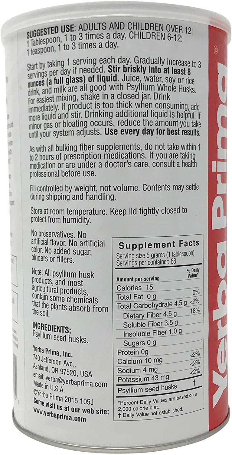 Yerba Prima Psyllium Whole Husk 12 oz – Fiber Supplement, Vegan, Gluten Free