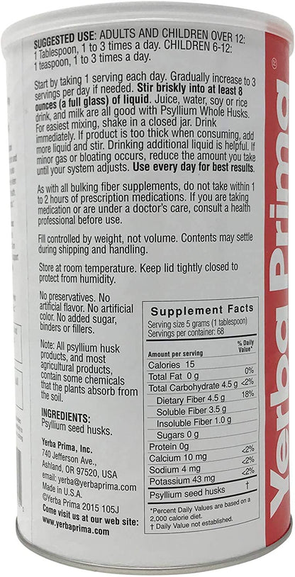 Yerba Prima Psyllium Whole Husk 12 oz – Fiber Supplement, Vegan, Gluten Free