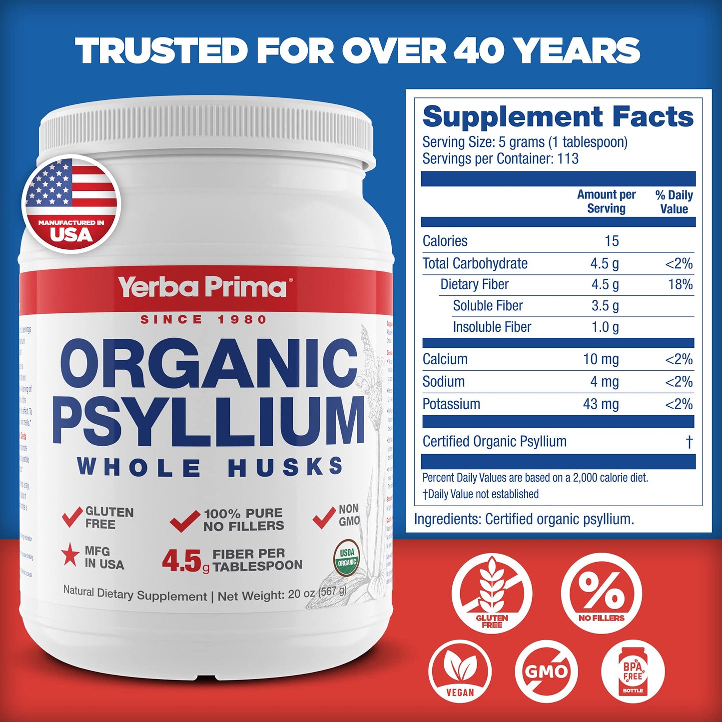 Yerba Prima Organic Psyllium Whole Husks - 20 oz Colon Cleanser | Regularity, Detox, Gluten Free, Non-GMO, Vegan