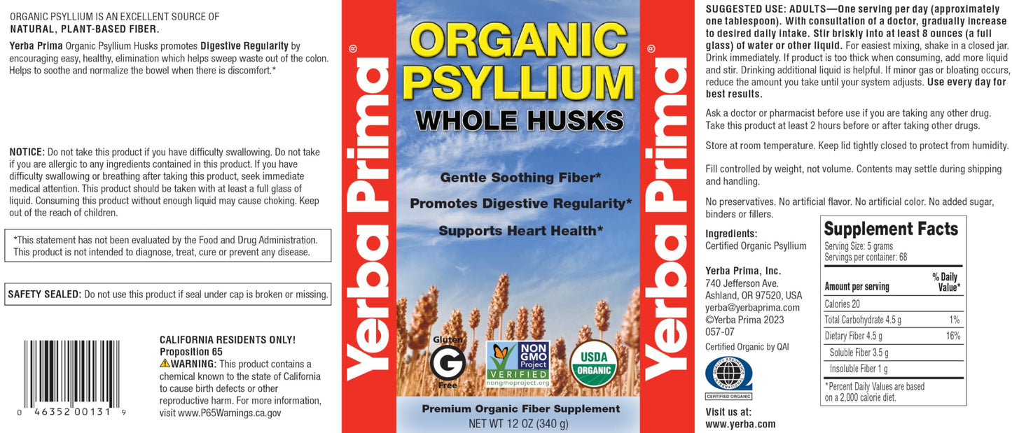 Yerba Prima Organic Psyllium Whole Husks 12 oz | Non-GMO | Certified Organic