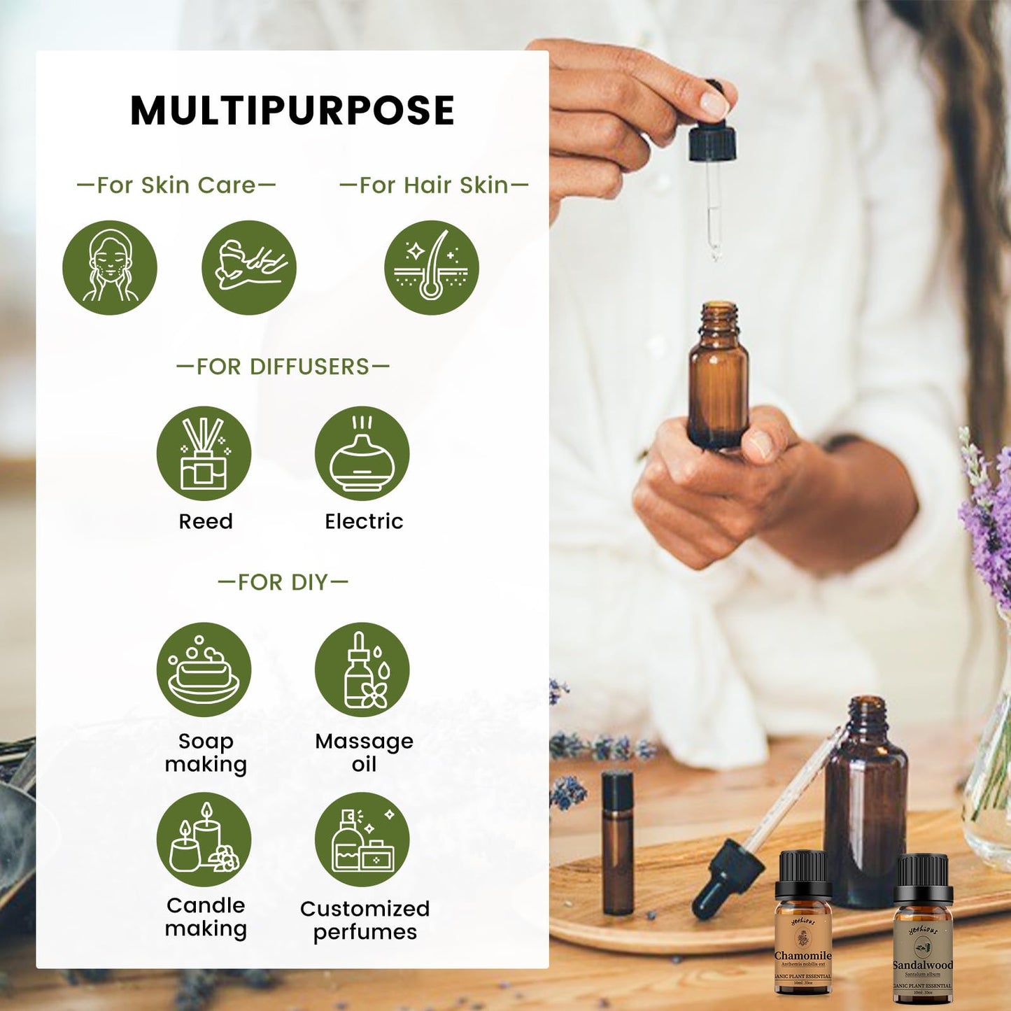 yethious Chamomile & Sandalwood Essential Oil Set – 100% Pure Organic, 2x10ml for Diffuser & Aromatherapy