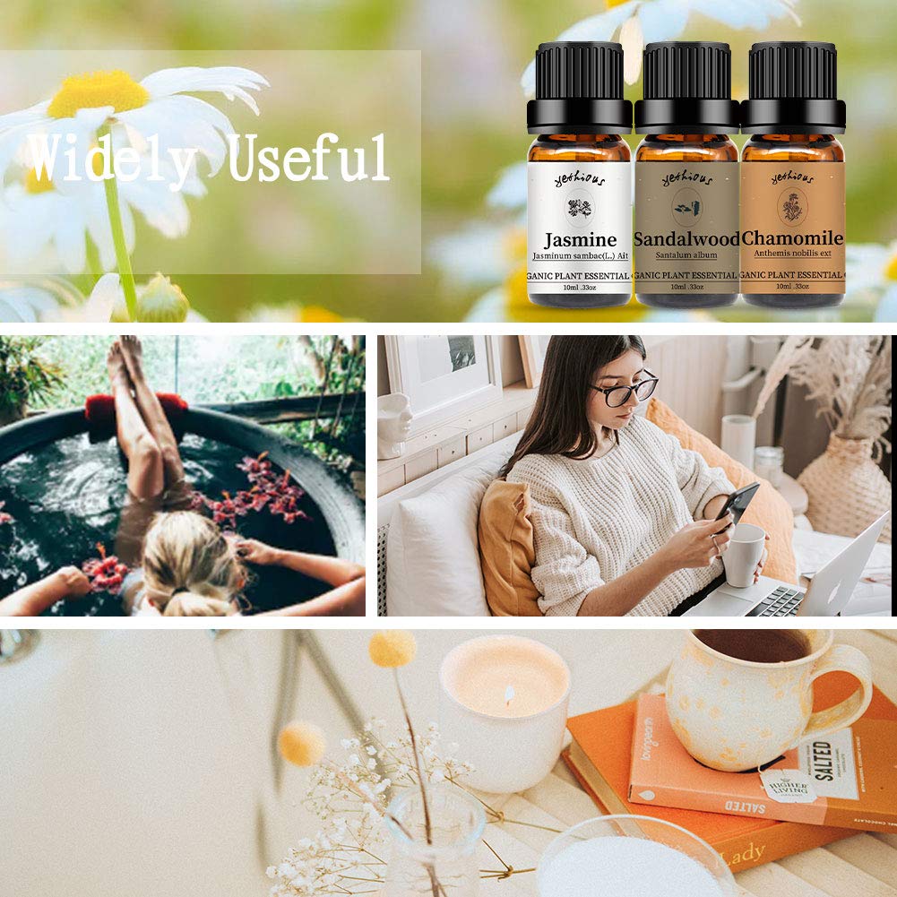 Yethious Jasmine Chamomile Sandalwood Essential Oil Set – Organic 3 Pack | 100% Pure