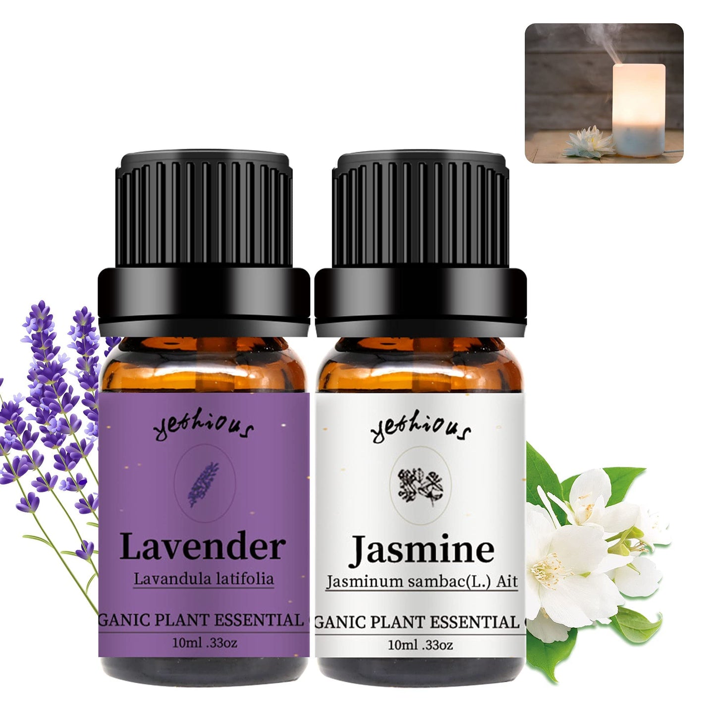 Yethious Jasmine & Lavender Essential Oil Set – Organic, Pure for Diffusers & Aromatherapy