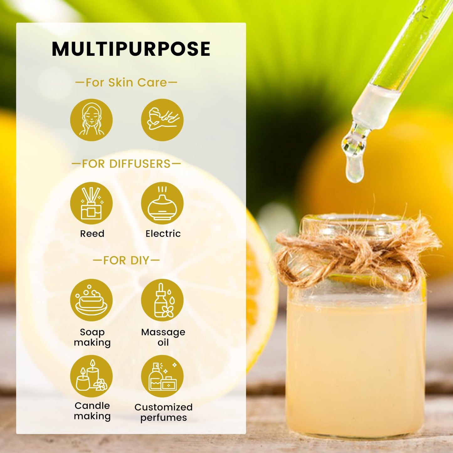 Yethious Lemon Essential Oil - Pure 100ML for Diffuser, Skincare, Hair, Perfume, Candle & Soap Making