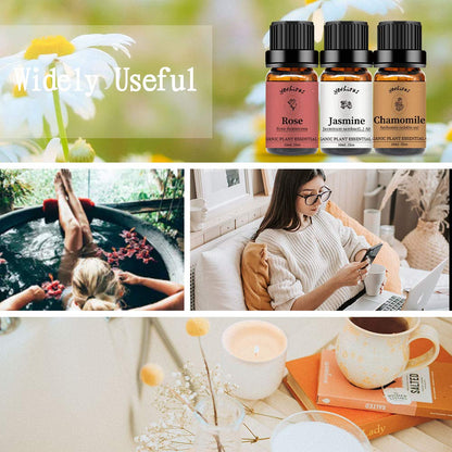 Yethious Rose Jasmine Chamomile Essential Oil Set – 100% Pure Organic, 3 x 10ml for Diffuser, Soap & Candle Making