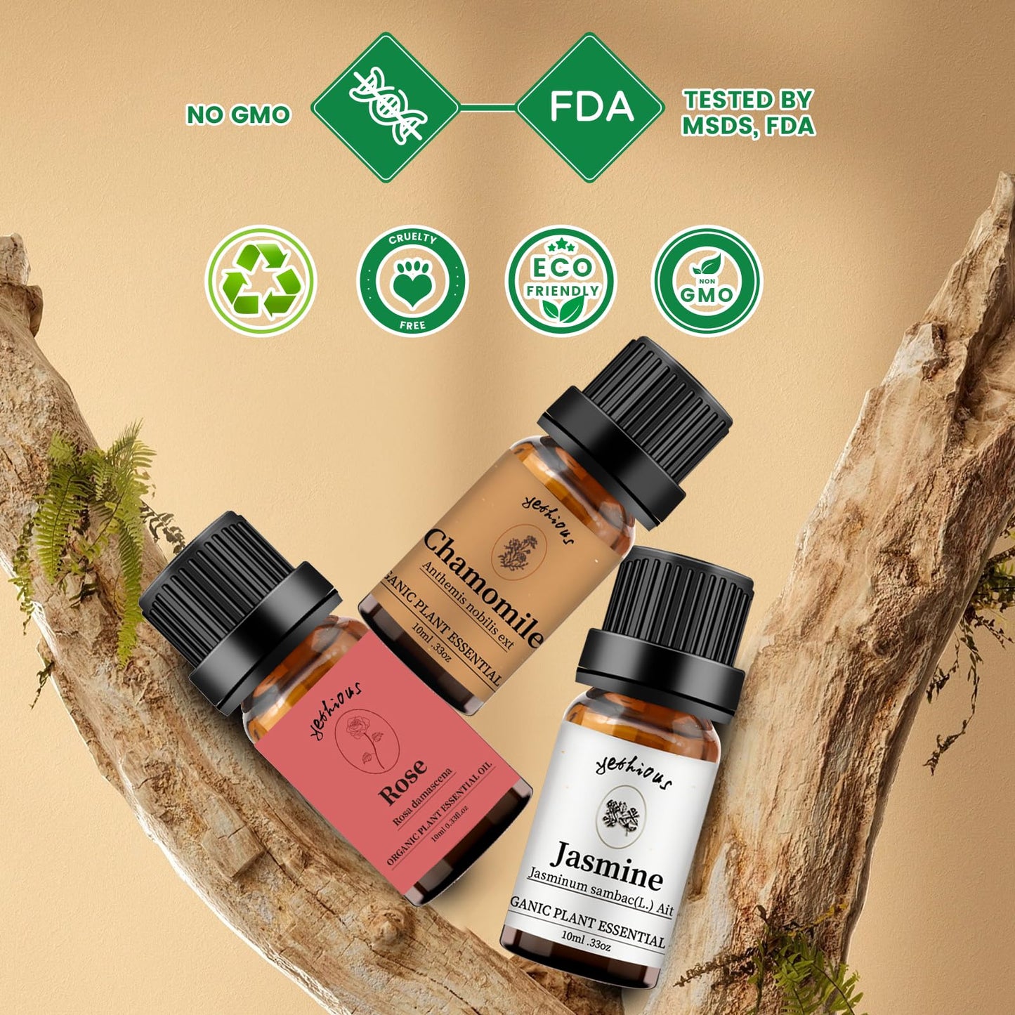 Yethious Rose Jasmine Chamomile Essential Oil Set – 100% Pure Organic, 3 x 10ml for Diffuser, Soap & Candle Making