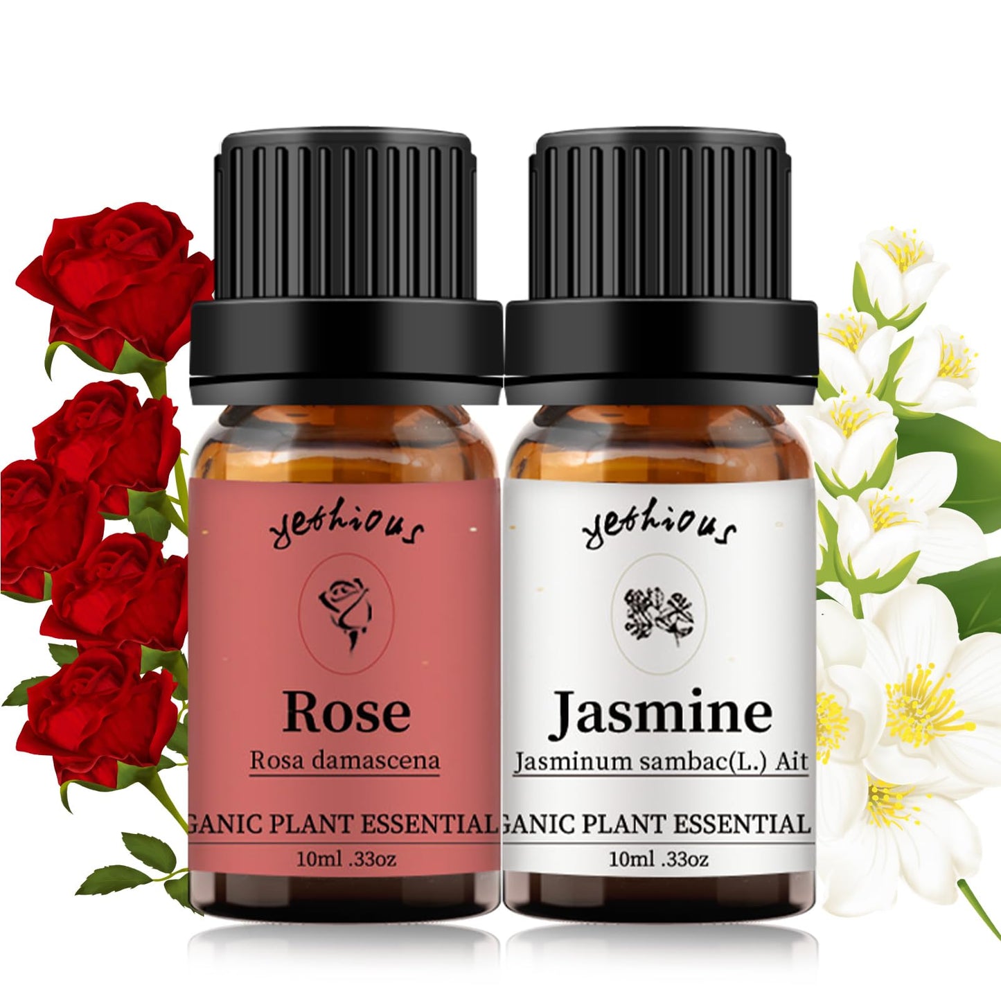 yethious Rose & Jasmine Essential Oil Set – 2 x 10ml Organic Fragrance Oils for Diffuser, Skin & Hair