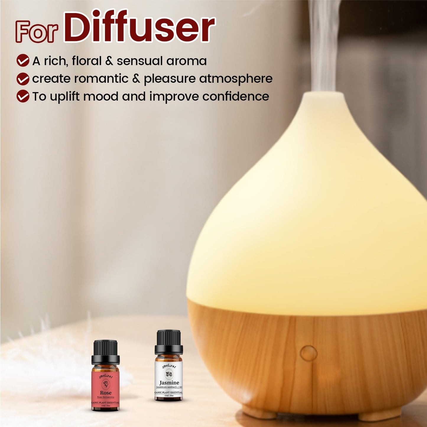 yethious Rose & Jasmine Essential Oil Set – 2 x 10ml Organic Fragrance Oils for Diffuser, Skin & Hair