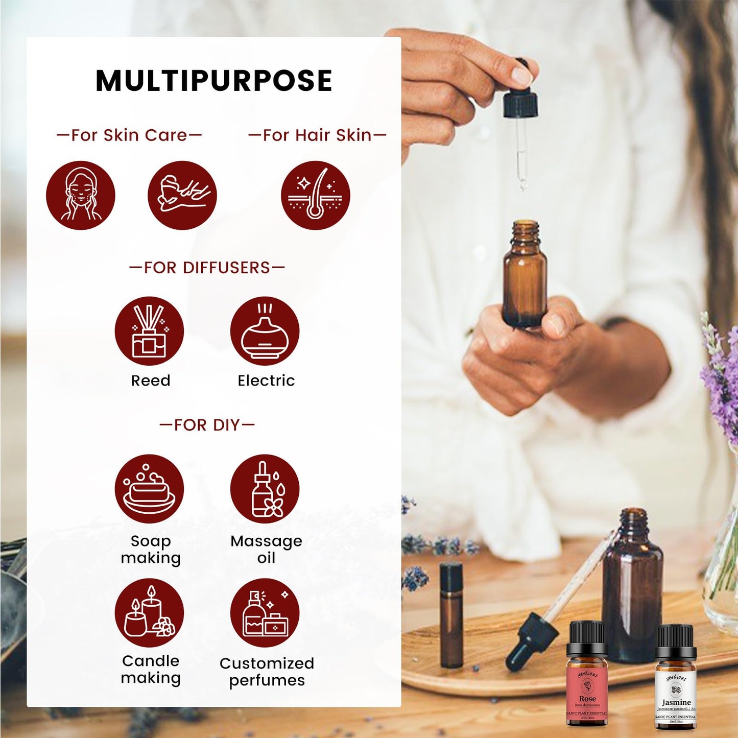 yethious Rose & Jasmine Essential Oil Set – 2 x 10ml Organic Fragrance Oils for Diffuser, Skin & Hair