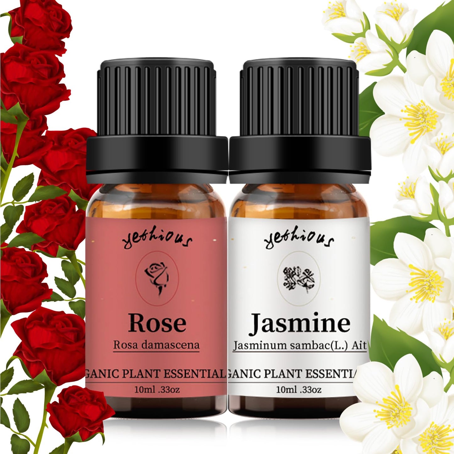 yethious Rose & Jasmine Essential Oil Set – 2 x 10ml Organic Fragrance Oils for Diffuser, Skin & Hair