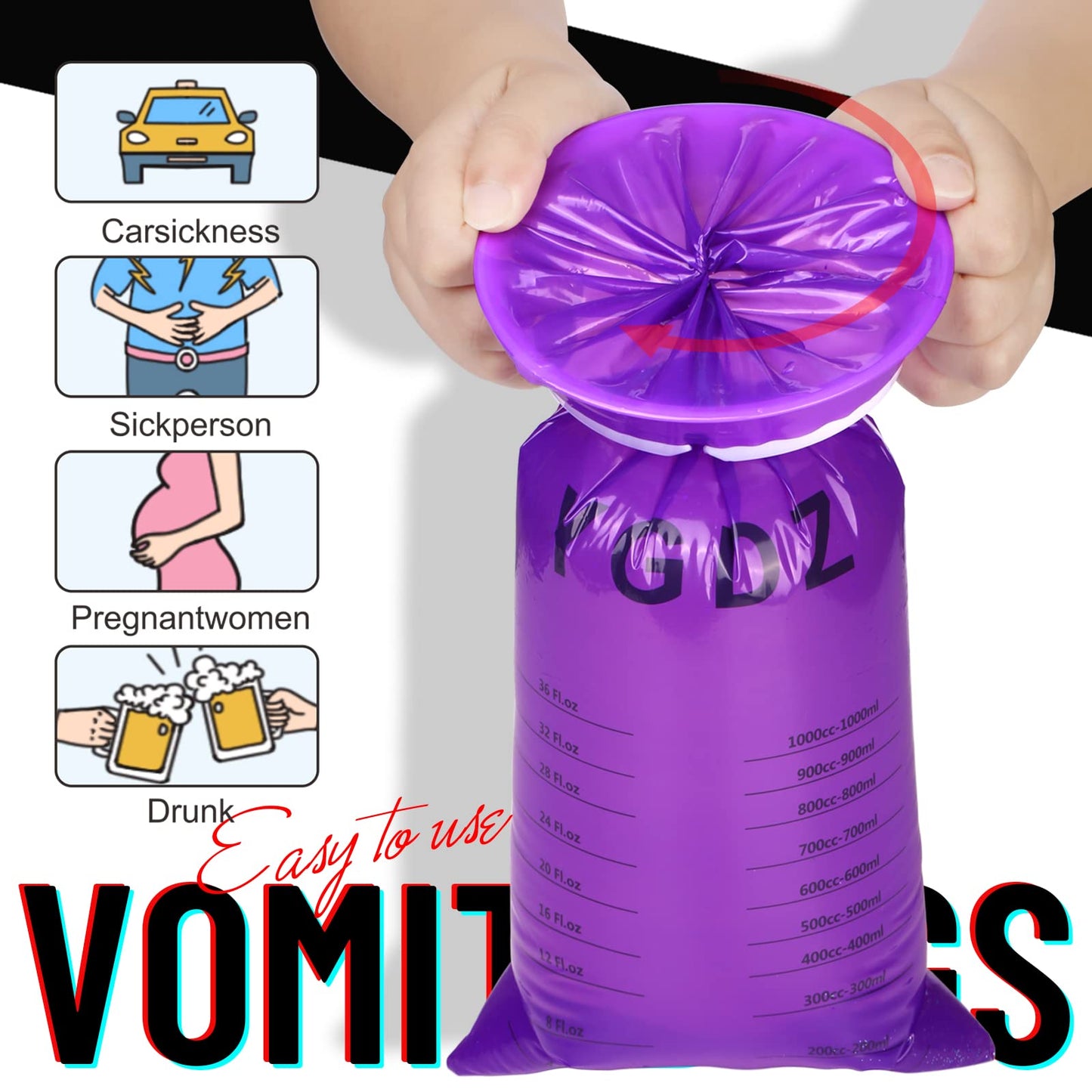 YGDZ Barf Bags 15 Pack – Disposable Emesis Bags for Travel, Car & Aircraft | Purple