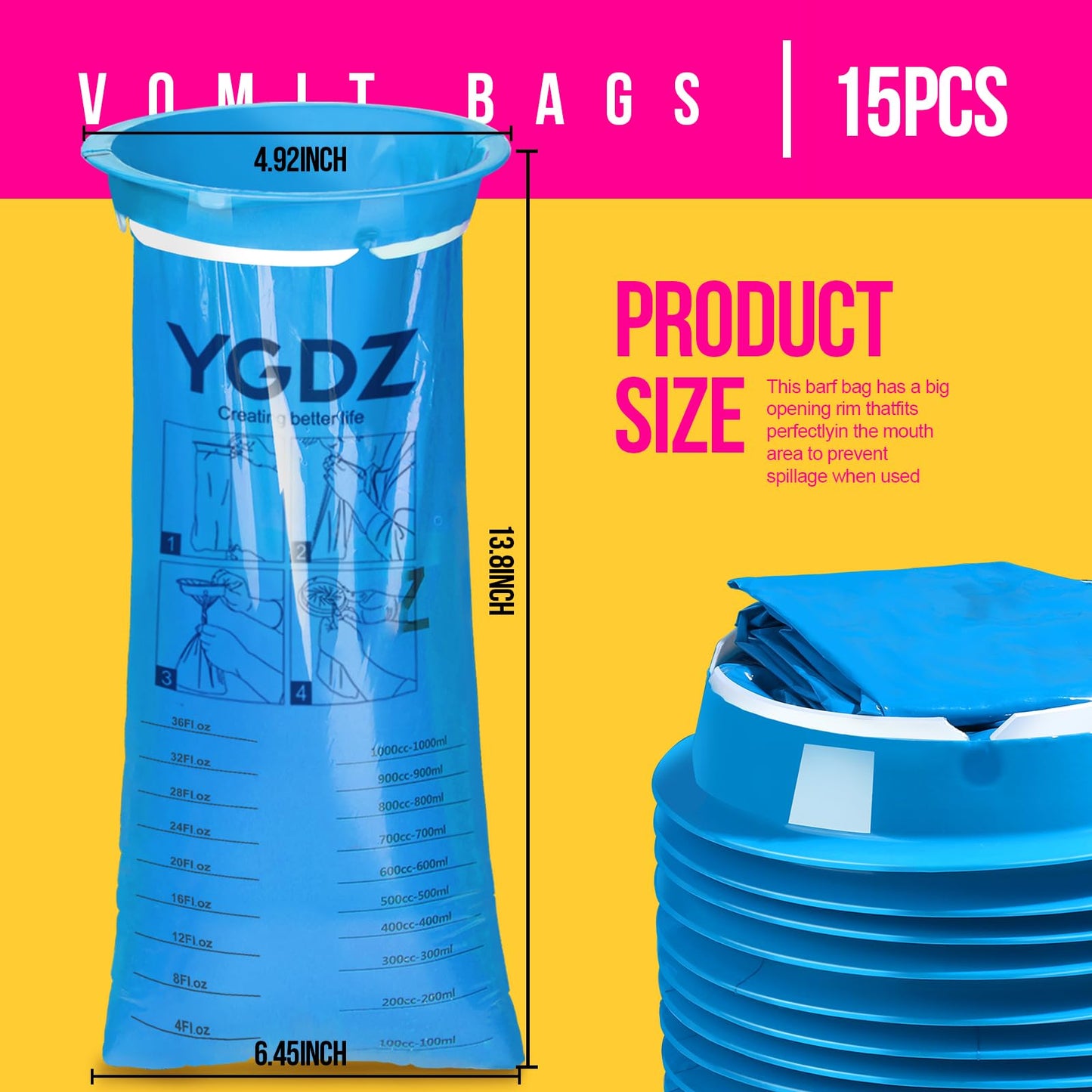 YGDZ Vomit Bags Disposable – 15 Pack, 1000ml, Leak-Resistant Emesis Bags for Travel & Nausea