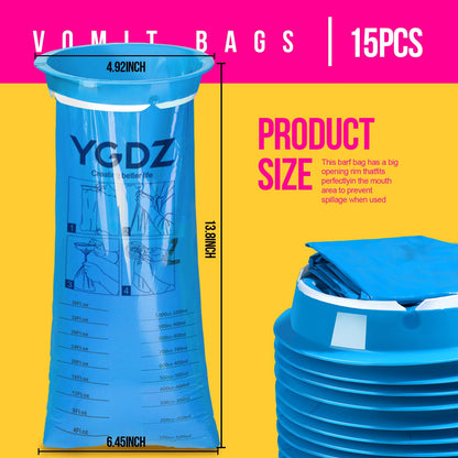 YGDZ Vomit Bags Disposable – 15 Pack, 1000ml, Leak-Resistant Emesis Bags for Travel & Nausea