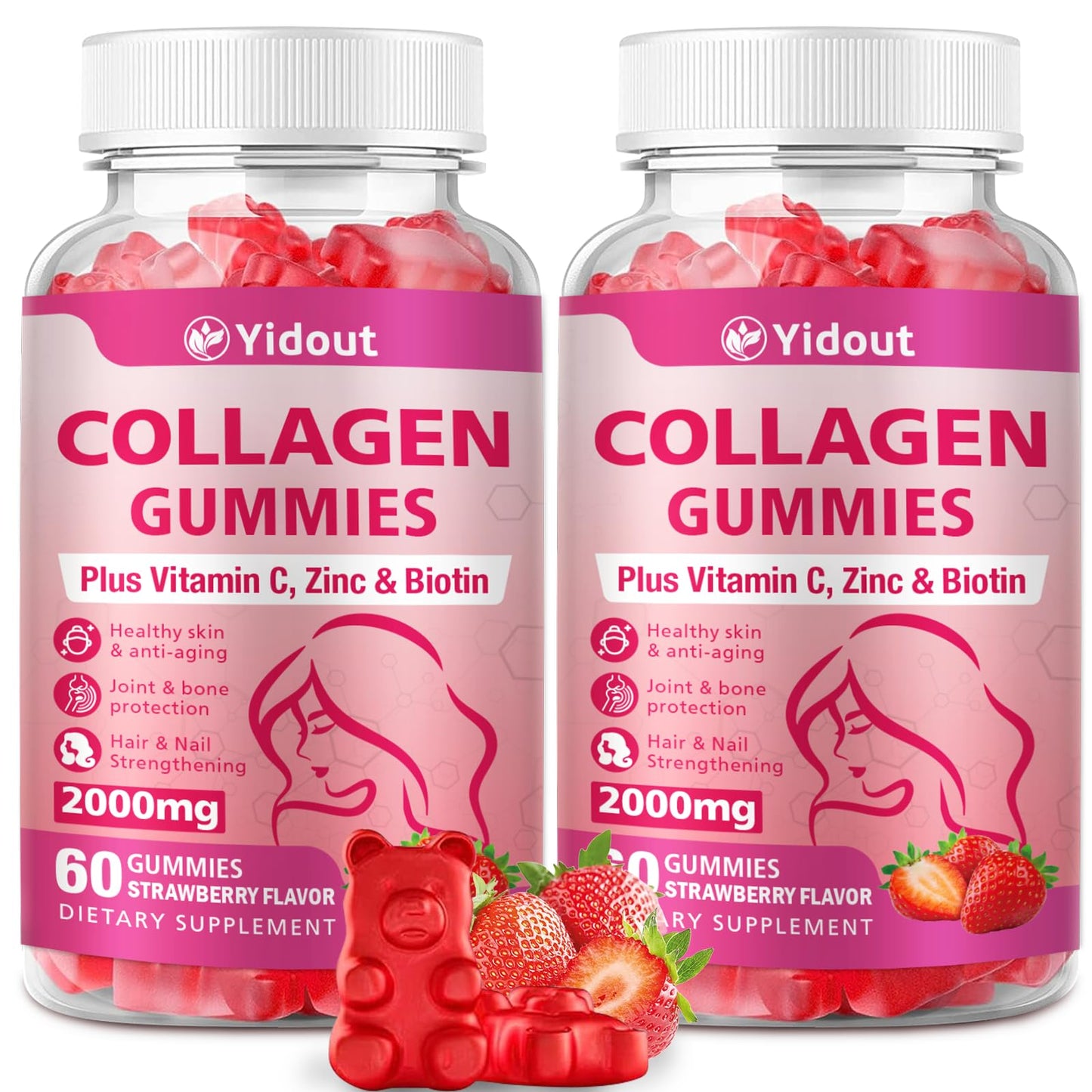 Yidout Collagen Gummies with Vitamin C & Biotin – Hair, Skin & Nails Support (Strawberry, 60 Gummies x 2)
