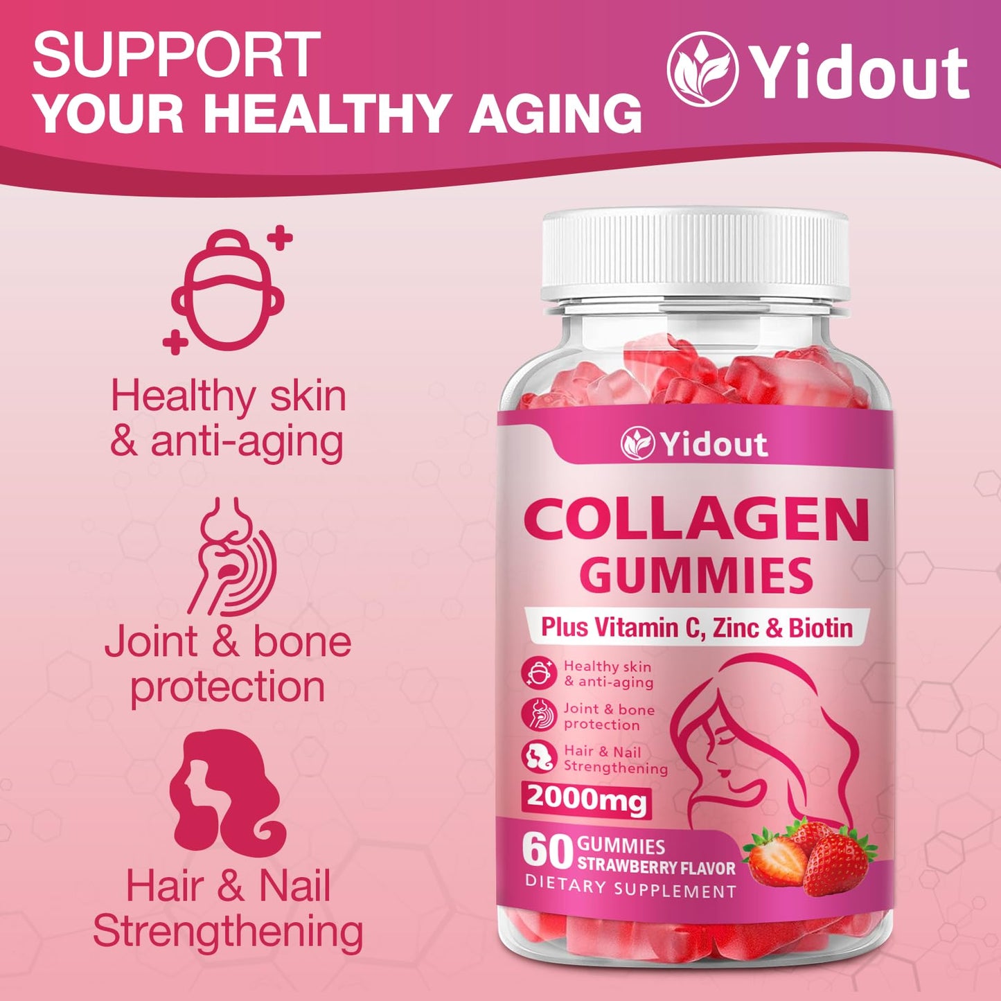 Yidout Collagen Gummies with Vitamin C & Biotin – Hair, Skin & Nails Support (Strawberry, 60 Gummies x 2)