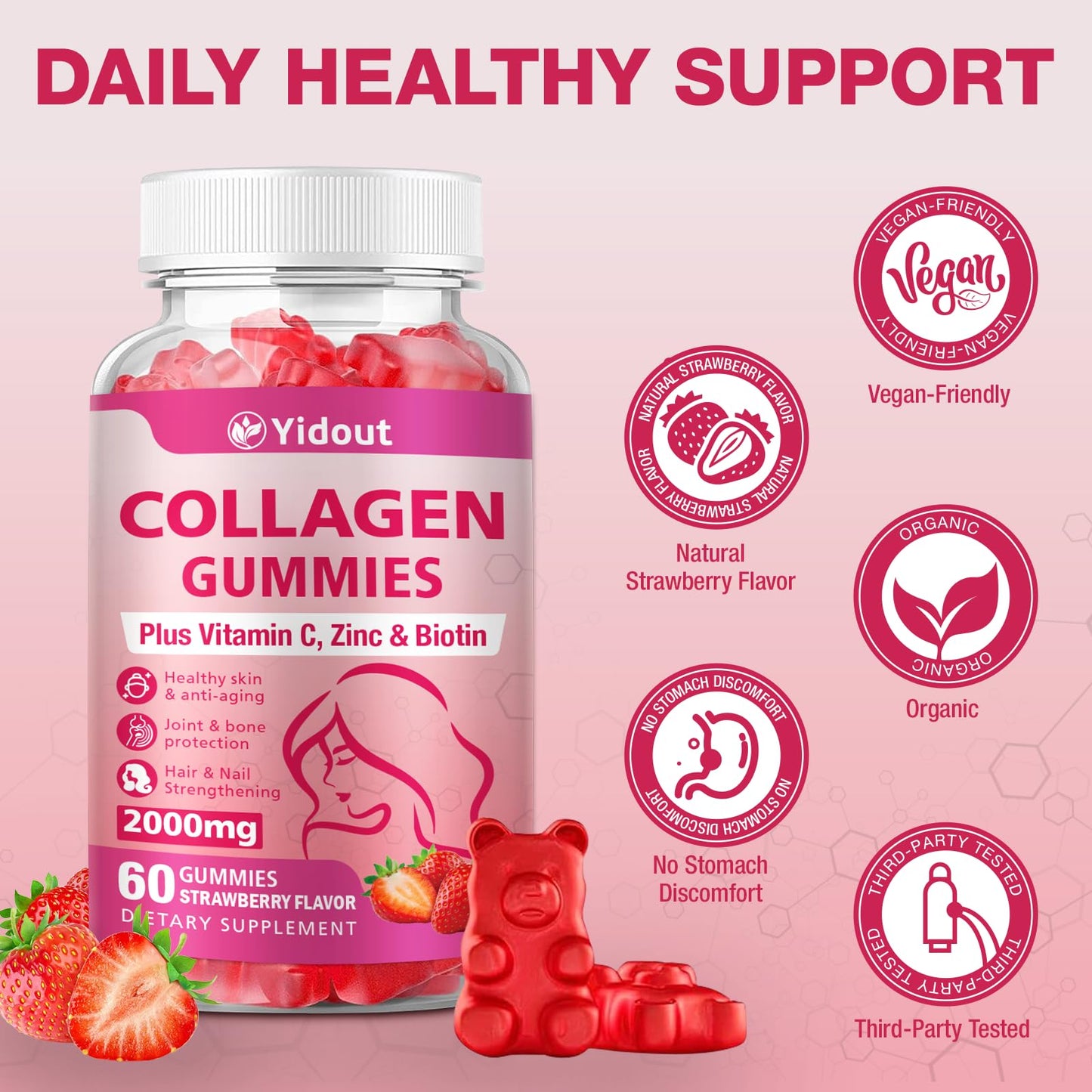 Yidout Collagen Gummies with Vitamin C & Biotin – Hair, Skin & Nails Support (Strawberry, 60 Gummies x 2)