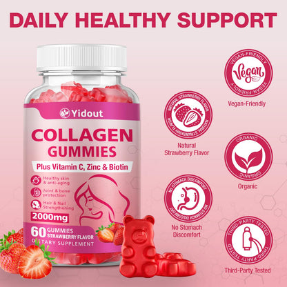 Yidout Collagen Gummies with Vitamin C & Biotin – Hair, Skin & Nails Support (Strawberry, 60 Gummies x 2)