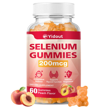 Yidout Selenium Gummies 200mcg | Thyroid Support & Energy Booster for Men & Women | Peach Flavor, 60 Count