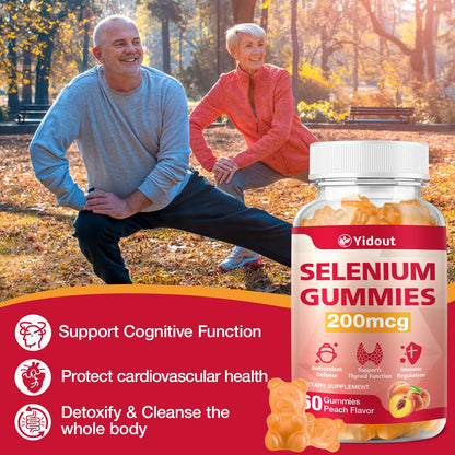 Yidout Selenium Gummies 200mcg | Thyroid Support & Energy Booster for Men & Women | Peach Flavor, 60 Count