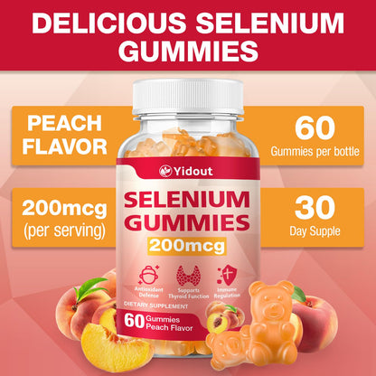 Yidout Selenium Gummies 200mcg | Thyroid Support & Energy Booster for Men & Women | Peach Flavor, 60 Count