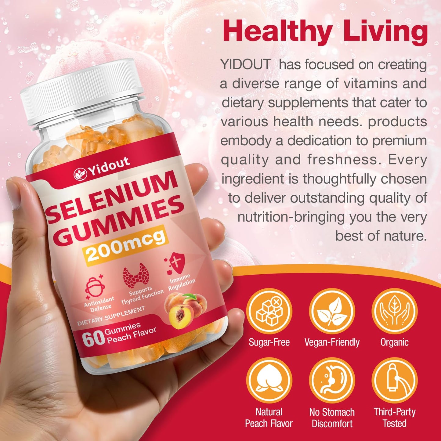 Yidout Selenium Gummies 200mcg | Thyroid Support & Energy Booster for Men & Women | Peach Flavor, 60 Count