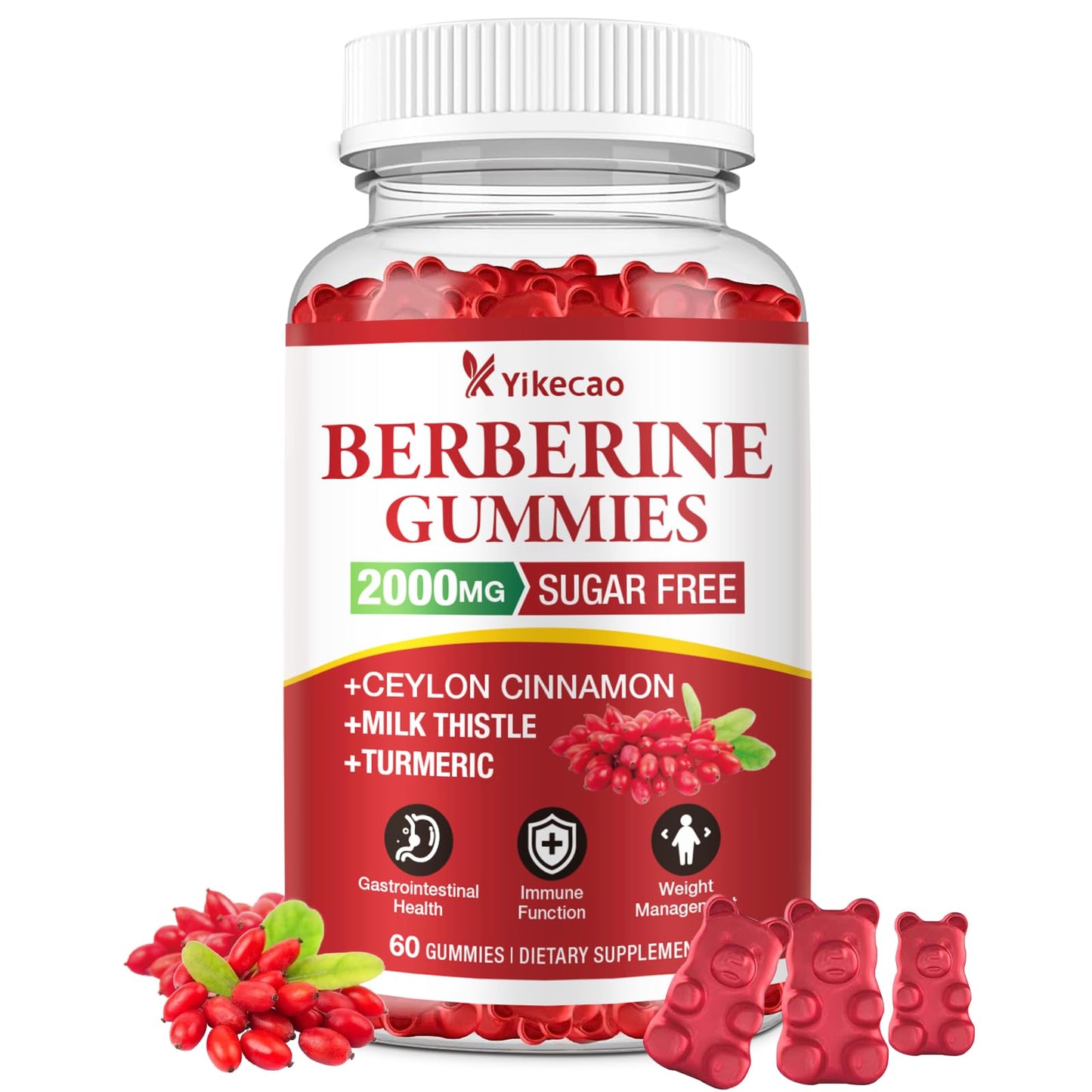 Yikecao 2000mg Berberine Gummies with Cinnamon – Sugar Free, Vegan, Non-GMO (60 Count)