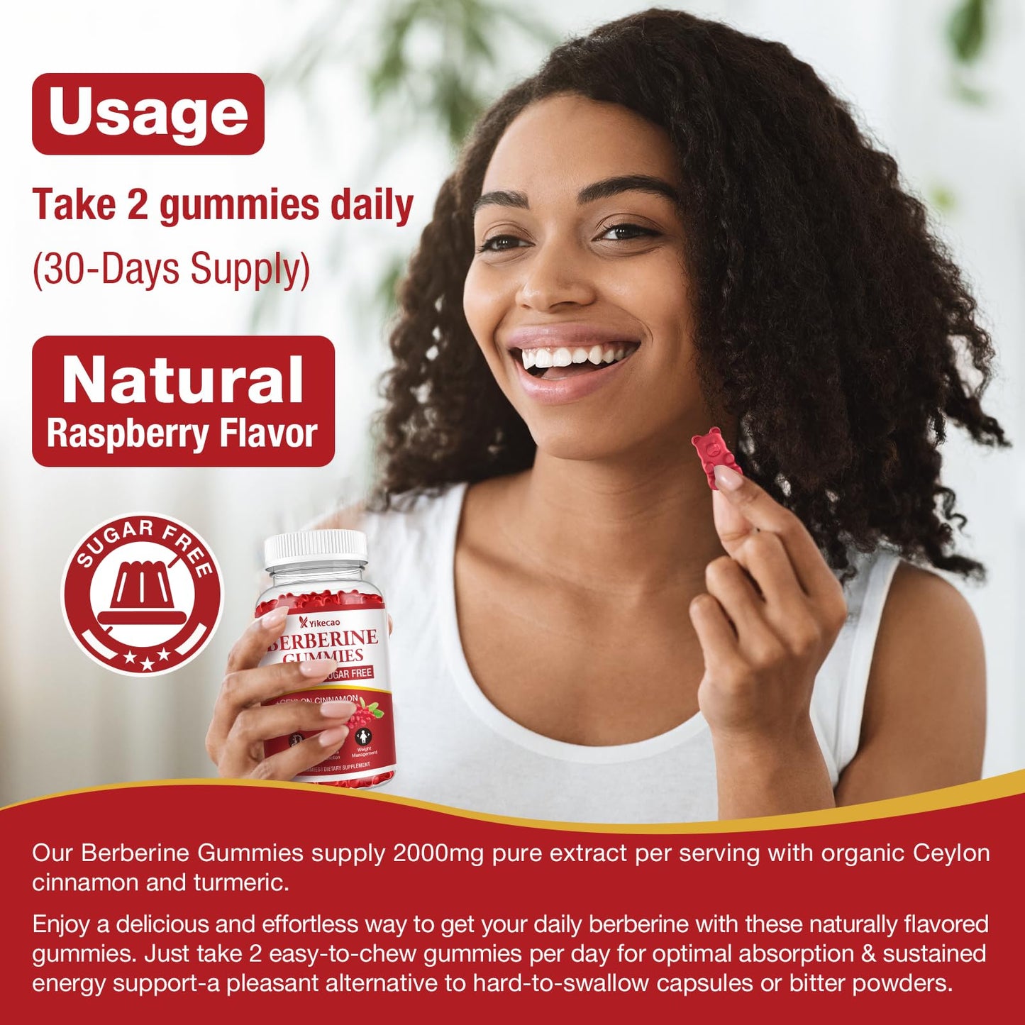Yikecao 2000mg Berberine Gummies with Cinnamon – Sugar Free, Vegan, Non-GMO (60 Count)