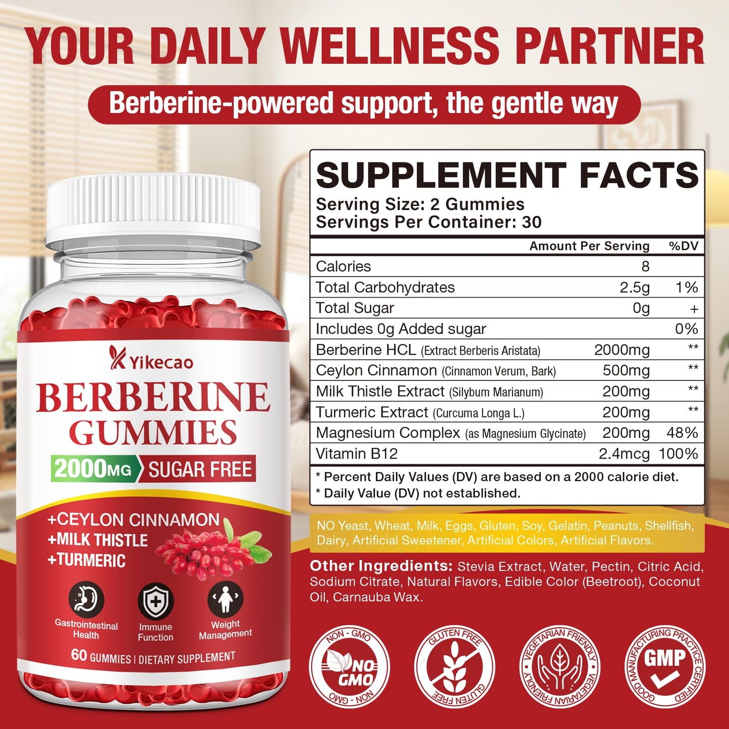Yikecao 2000mg Berberine Gummies with Cinnamon – Sugar Free, Vegan, Non-GMO (60 Count)