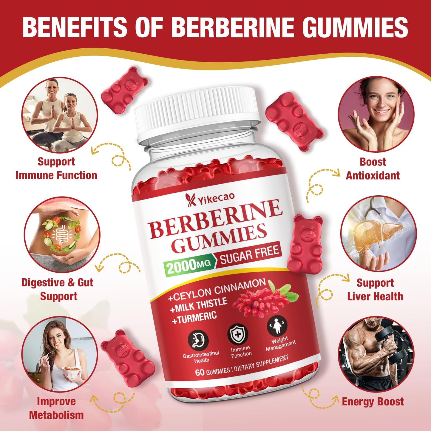 Yikecao 2000mg Berberine Gummies with Cinnamon – Sugar Free, Vegan, Non-GMO (60 Count)
