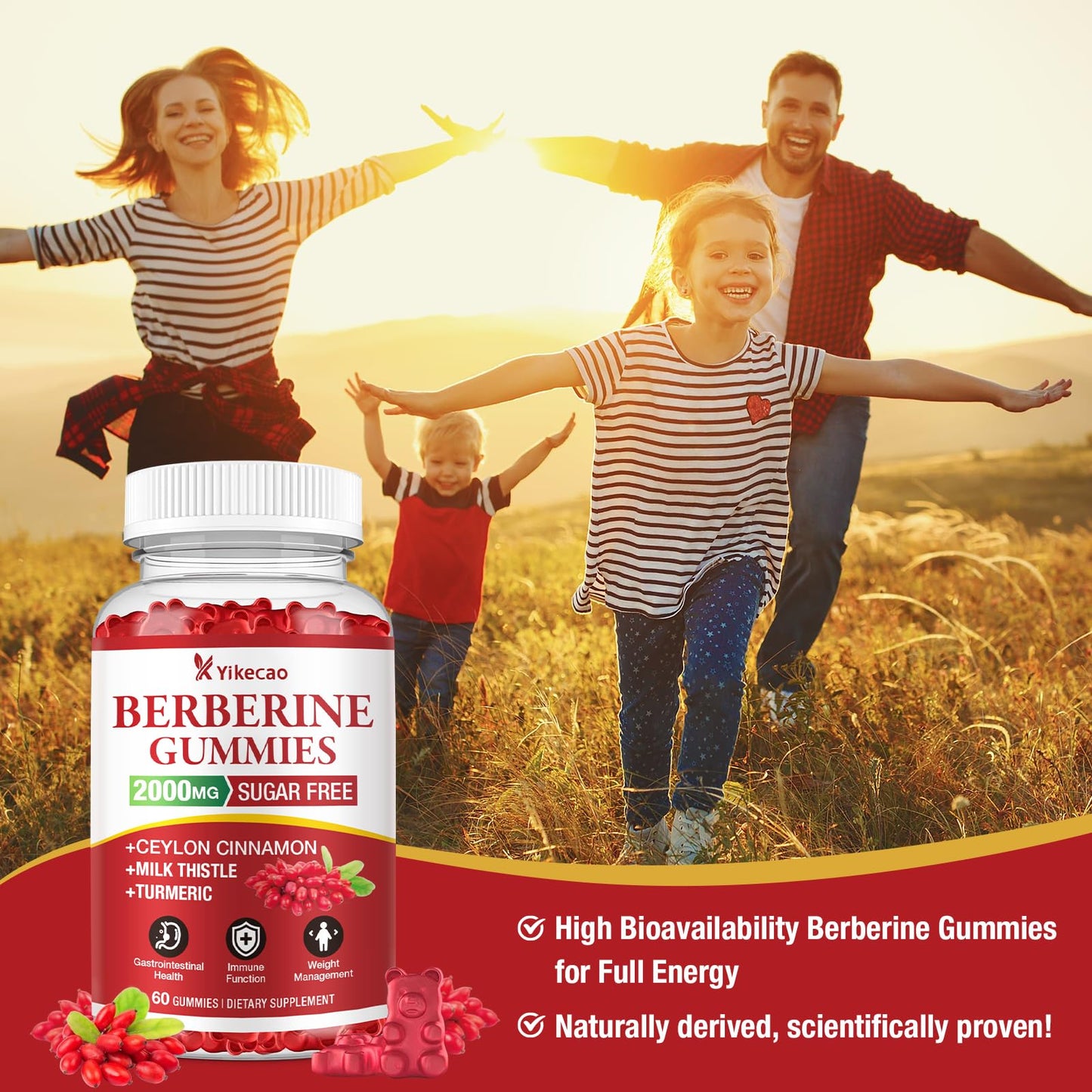 Yikecao 2000mg Berberine Gummies with Cinnamon – Sugar Free, Vegan, Non-GMO (60 Count)