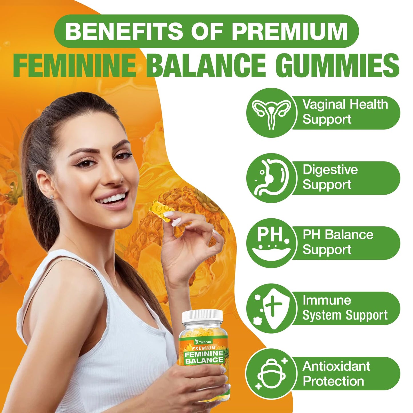 Yikecao Premium Feminine Balance Gummies for Women – Pineapple, 60 Count, Vegan & Gluten-Free