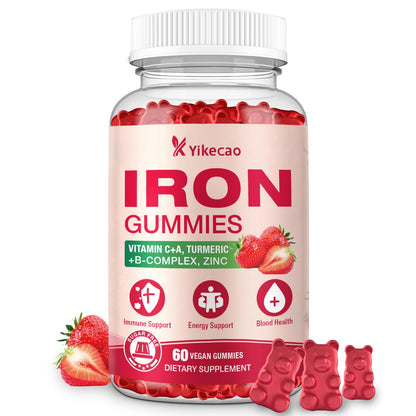 Yikecao Iron Supplement Gummies - Vegan Iron for Women & Men, Strawberry Flavor, 60 Count