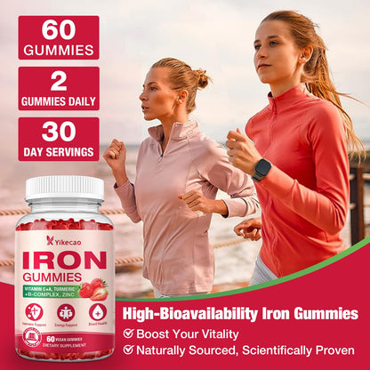 Yikecao Iron Supplement Gummies - Vegan Iron for Women & Men, Strawberry Flavor, 60 Count