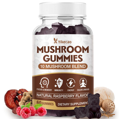 Yikecao Mushroom Gummies for Adults – 10-Mushroom Complex, Focus & Energy, Raspberry Flavor, 60 Count