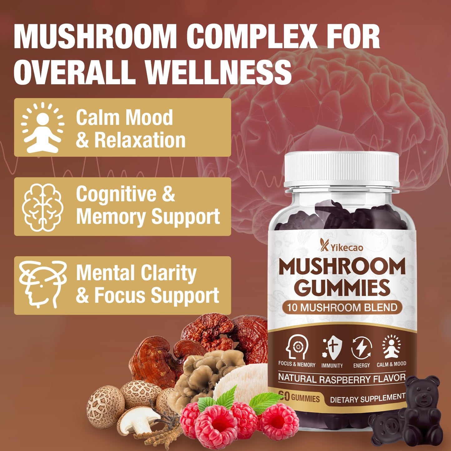 Yikecao Mushroom Gummies for Adults – 10-Mushroom Complex, Focus & Energy, Raspberry Flavor, 60 Count