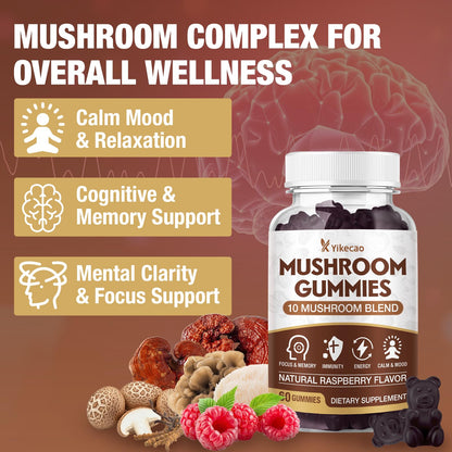 Yikecao Mushroom Gummies for Adults – 10-Mushroom Complex, Focus & Energy, Raspberry Flavor, 60 Count