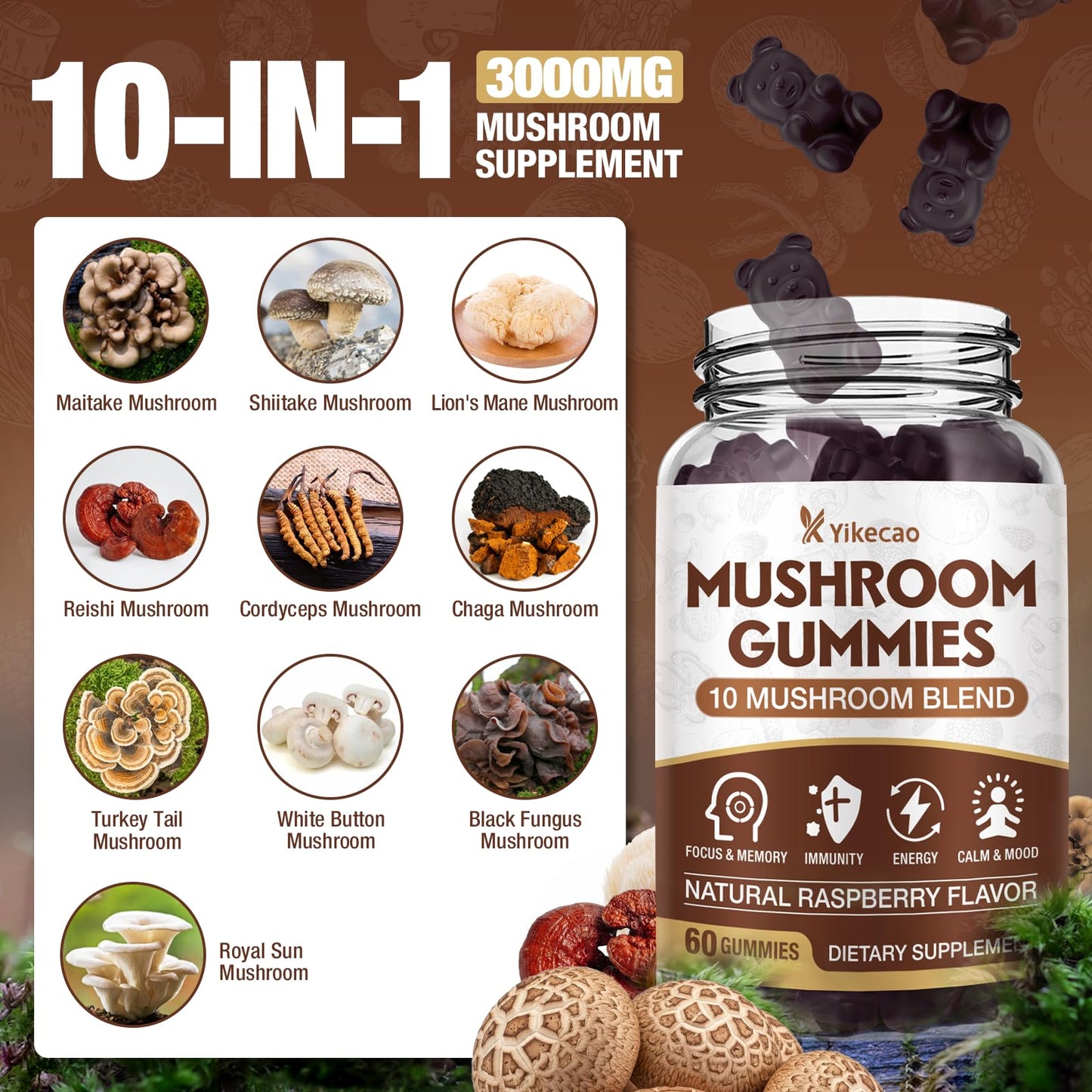 Yikecao Mushroom Gummies for Adults – 10-Mushroom Complex, Focus & Energy, Raspberry Flavor, 60 Count