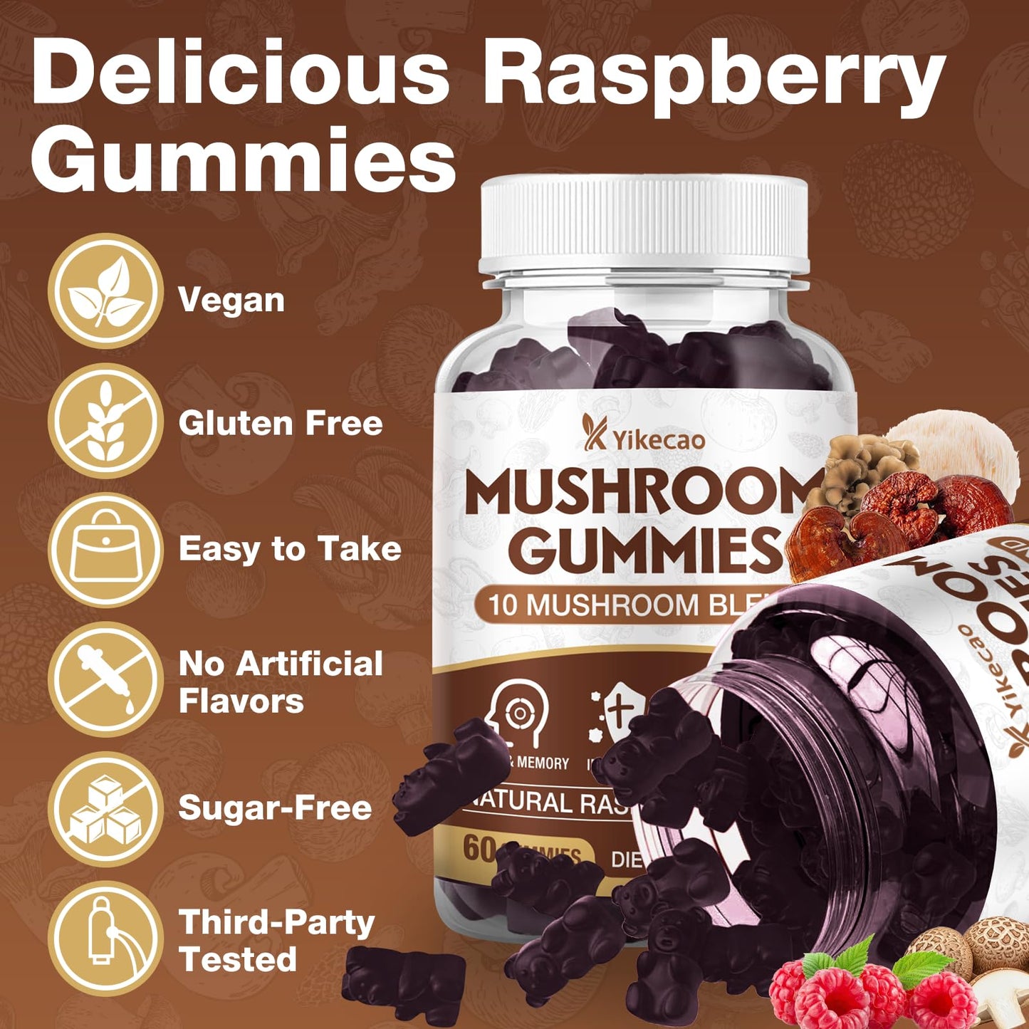 Yikecao Mushroom Gummies for Adults – 10-Mushroom Complex, Focus & Energy, Raspberry Flavor, 60 Count