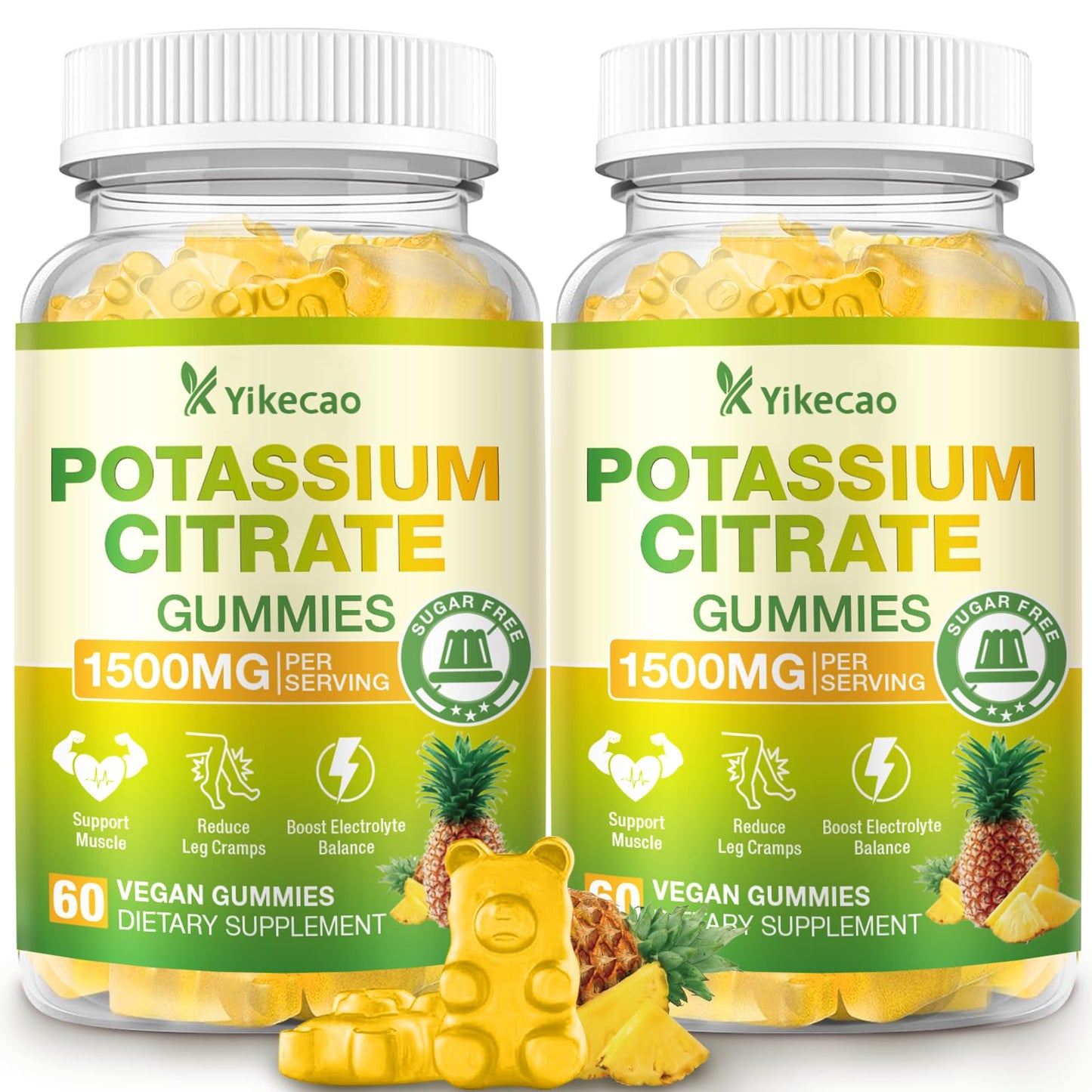 Yikecao 2 Pack Potassium Citrate Gummies 1500mg – Sugar-Free Pineapple, Muscle & Electrolyte Support, 120 Count