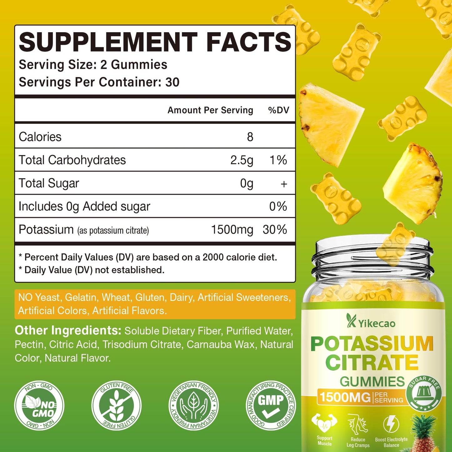 Yikecao 2 Pack Potassium Citrate Gummies 1500mg – Sugar-Free Pineapple, Muscle & Electrolyte Support, 120 Count
