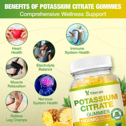 Yikecao 2 Pack Potassium Citrate Gummies 1500mg – Sugar-Free Pineapple, Muscle & Electrolyte Support, 120 Count