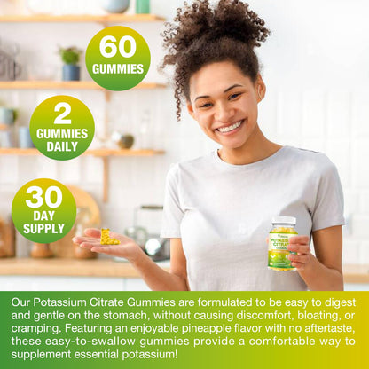 Yikecao 2 Pack Potassium Citrate Gummies 1500mg – Sugar-Free Pineapple, Muscle & Electrolyte Support, 120 Count
