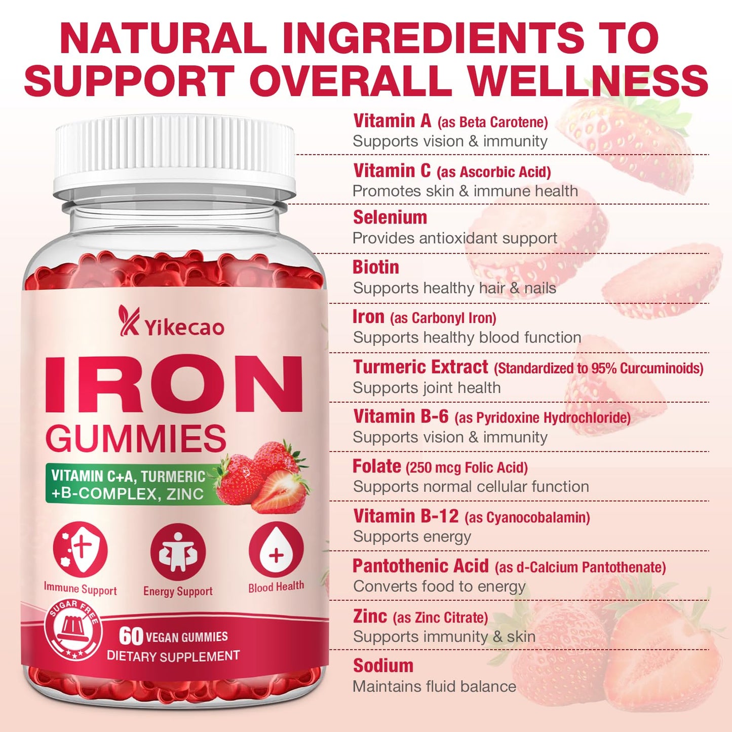 Yikecao 2 Pack Vegan Iron Gummies | Iron Supplement for Women & Men