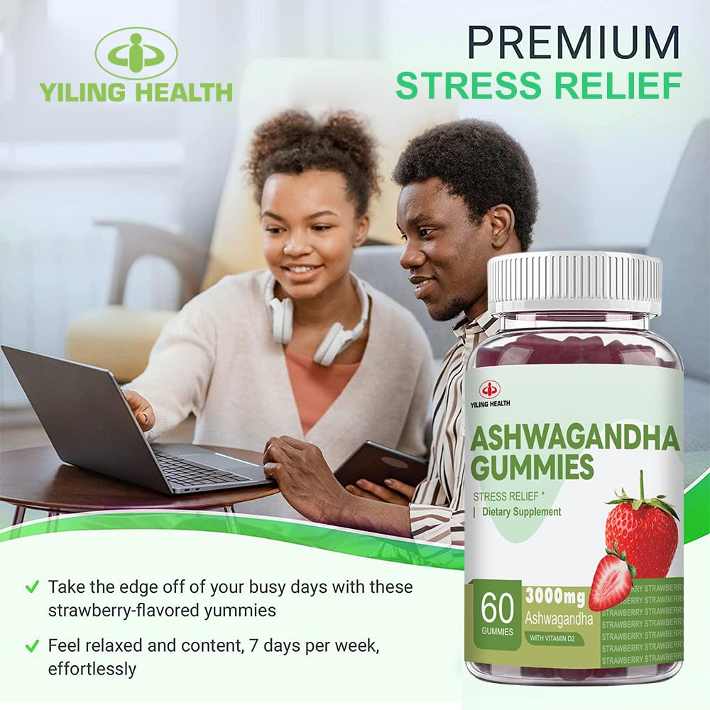YiLing Ashwagandha Gummies - 3000 mg, 60 Count, Strawberry Flavor for Energy, Sleep & Stress Relief