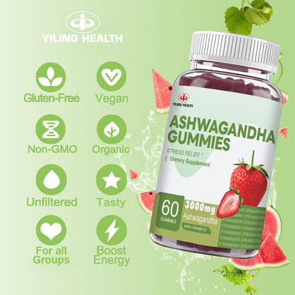 YiLing Ashwagandha Gummies - 3000 mg, 60 Count, Strawberry Flavor for Energy, Sleep & Stress Relief