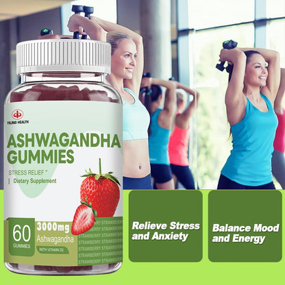YiLing Ashwagandha Gummies - 3000 mg, 60 Count, Strawberry Flavor for Energy, Sleep & Stress Relief
