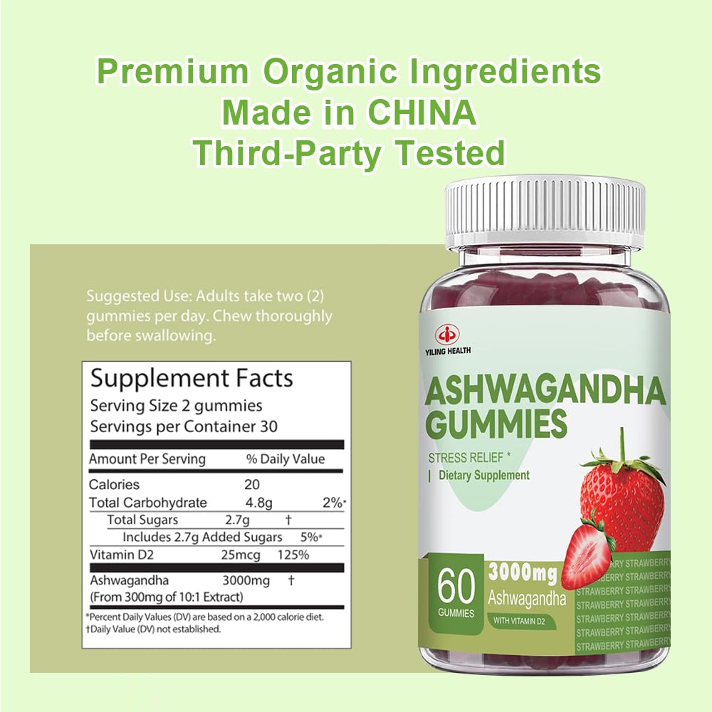 YiLing Ashwagandha Gummies - 3000 mg, 60 Count, Strawberry Flavor for Energy, Sleep & Stress Relief
