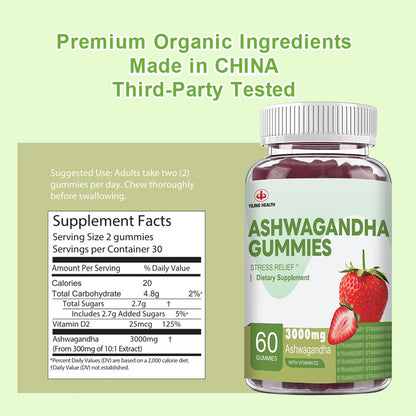 YiLing Ashwagandha Gummies - 3000 mg, 60 Count, Strawberry Flavor for Energy, Sleep & Stress Relief