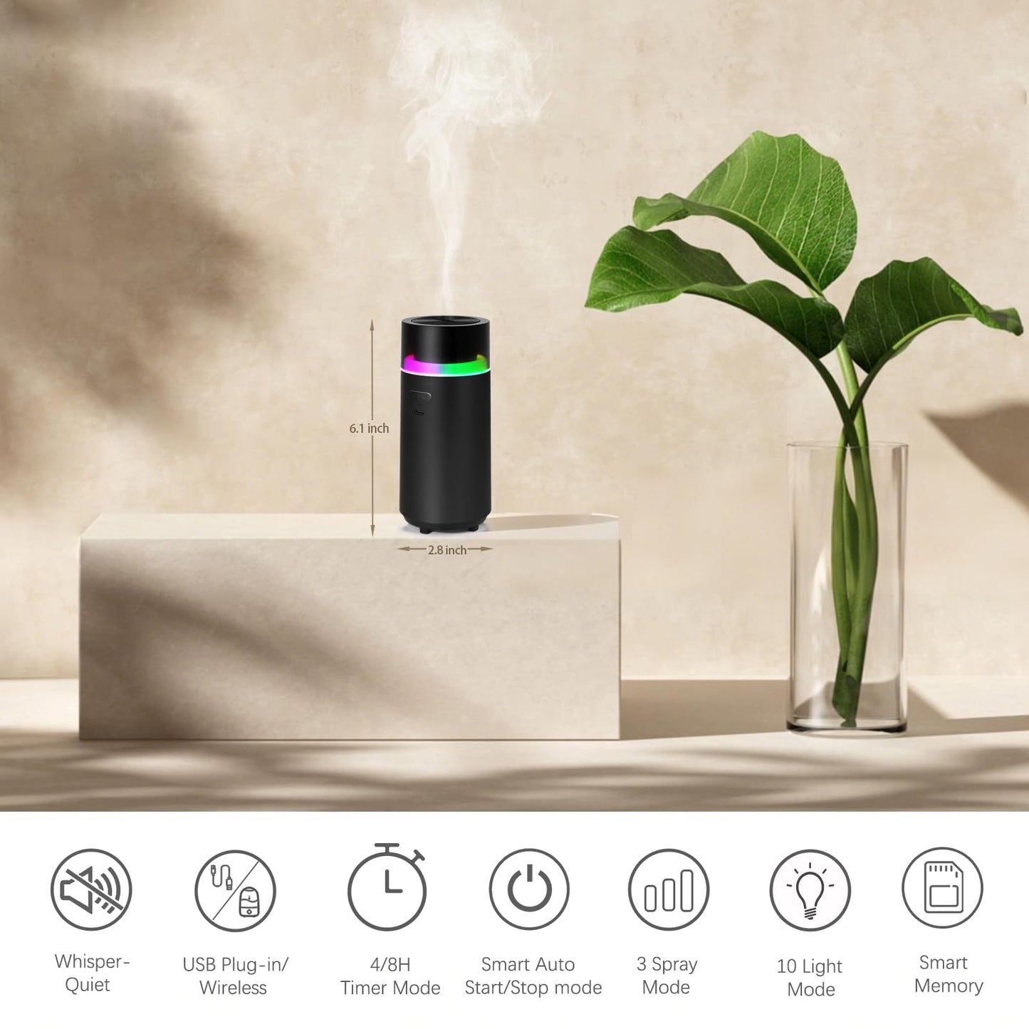 YIXIUTEN Essential Oil Car Diffuser - 3000mAh Battery, Auto On/Off, 4/8 Hour Timers, Black